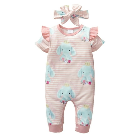 

Infant Baby Girl Clothes Baby Girl Romper Ruffle Short Sleeve Romper One Piece Stripe Jumpsuit Headband 2PCS Set Pink 9-12 Months