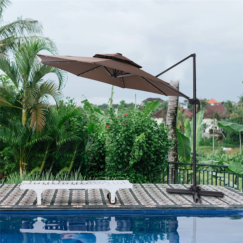 Kepooman 10 Ft Outdoor Patio Adjustable 360-degree Led Hanging Market Umbrella with Crank & Cross Base, Brown Kepooman 10 Ft Outdoor Patio Adjustable 360-degree Led Hanging Market Umbrella with Crank & Cross Base, Brown