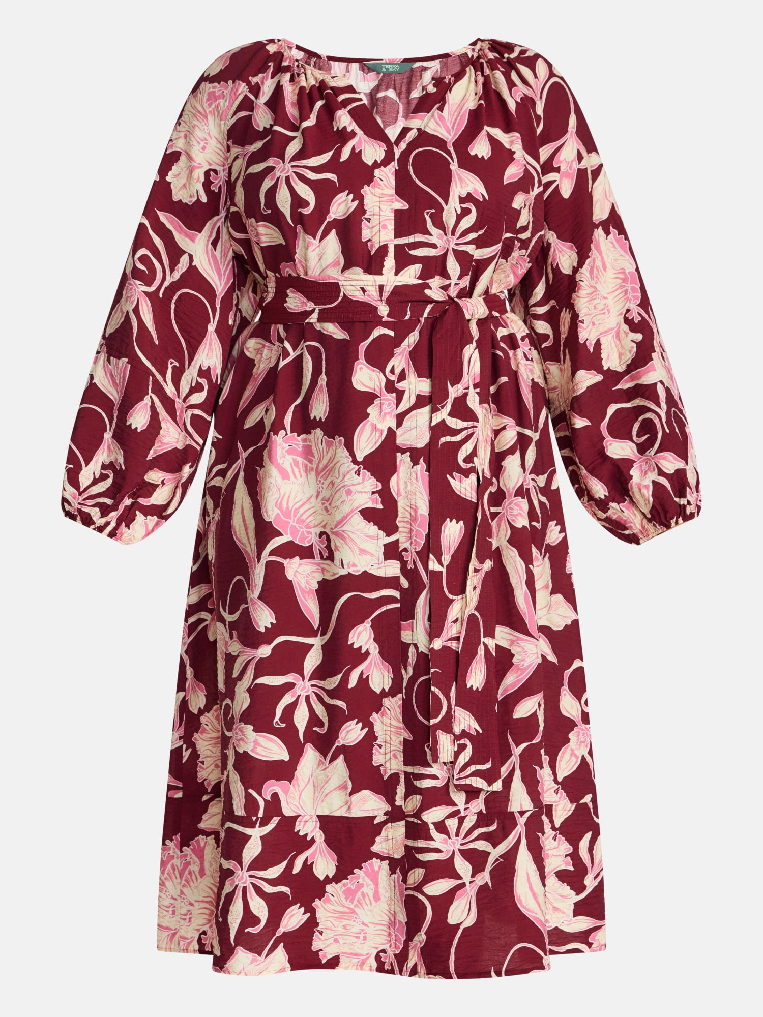 Terra & Sky Women’s Plus Tie Waist Midi Dress with Long Puff Sleeves, Sizes 0X-5X