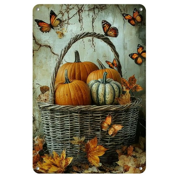 Vintage Pumpkin Patch Themed Metal Tin Sign - Rustic Iron Wall Art Decor for Home, Garden, Gym, Cafe & Garage - Autumn Leaves & Butterfly Design - 8x12 Inches - Indoor/ Outdoor Retro Decoration
