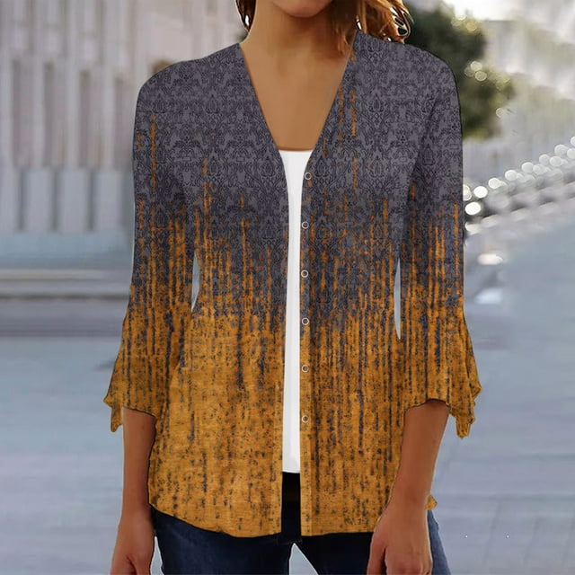 Cardigans Légers pour Femmes Mode Été Femme T-Shirt Manches 3/4 Cardigan Ouvert Blouse Imprimée Manteau Hauts Cardigan Léger pour Femmes en Liquidation
