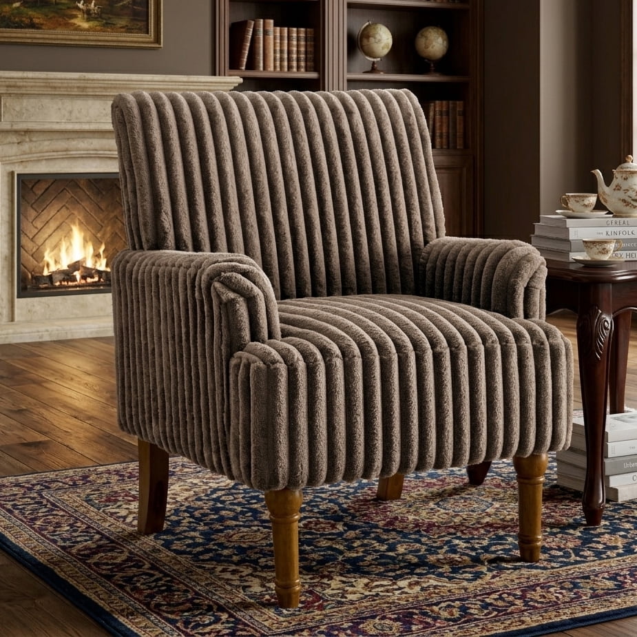 Aukfa Mid Century Corduroy Accent Chair, Wide Wale Upholstered Armchair with 9" Wood Legs for Living Room Bedroom,Dark Coffee