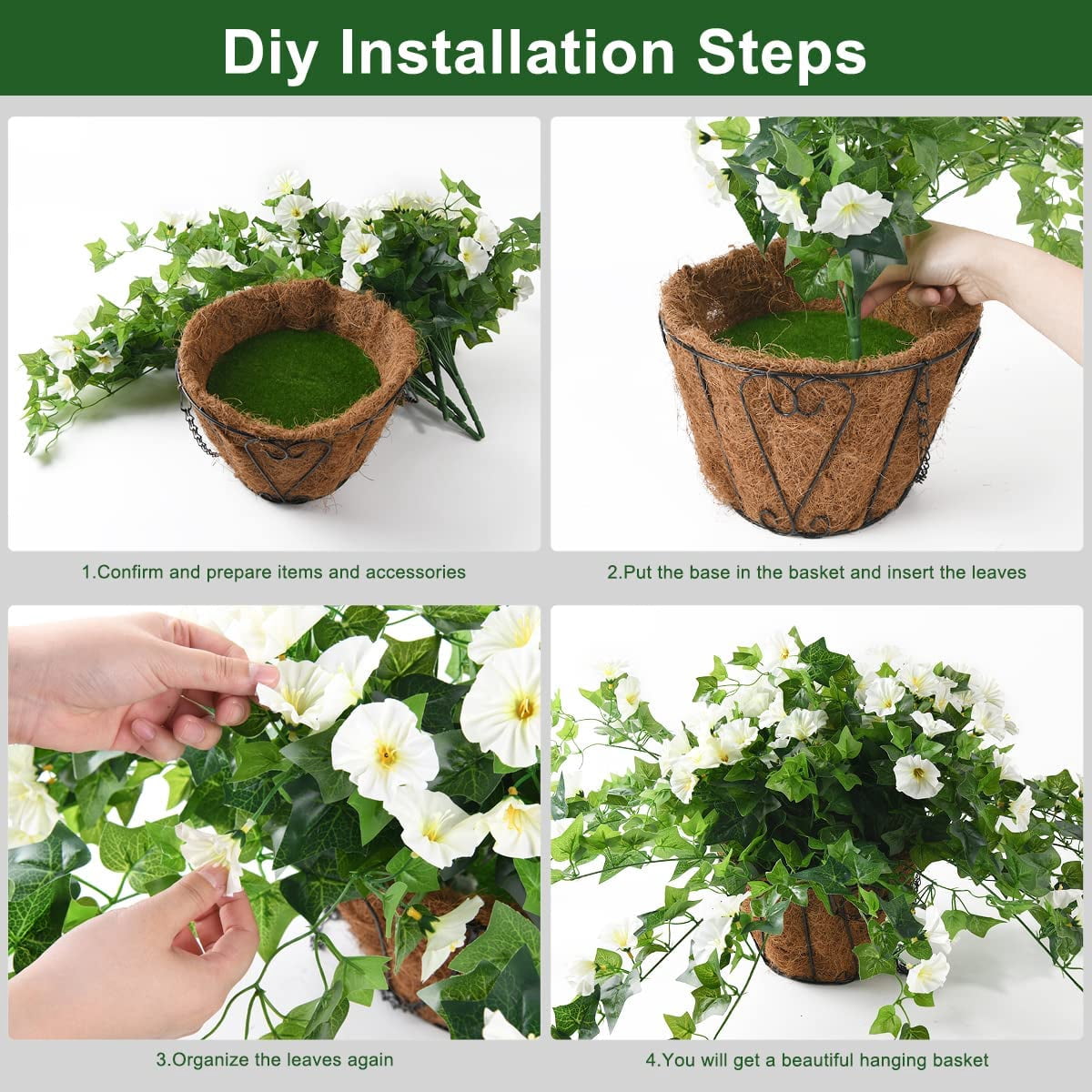 Artificial Hanging Flowers with Basket for Spring Outdoors Decoration,Fake Silk Morning Glory Vines in Planter UV Resistant Realistic for Home Garden Balcony Porch Decor