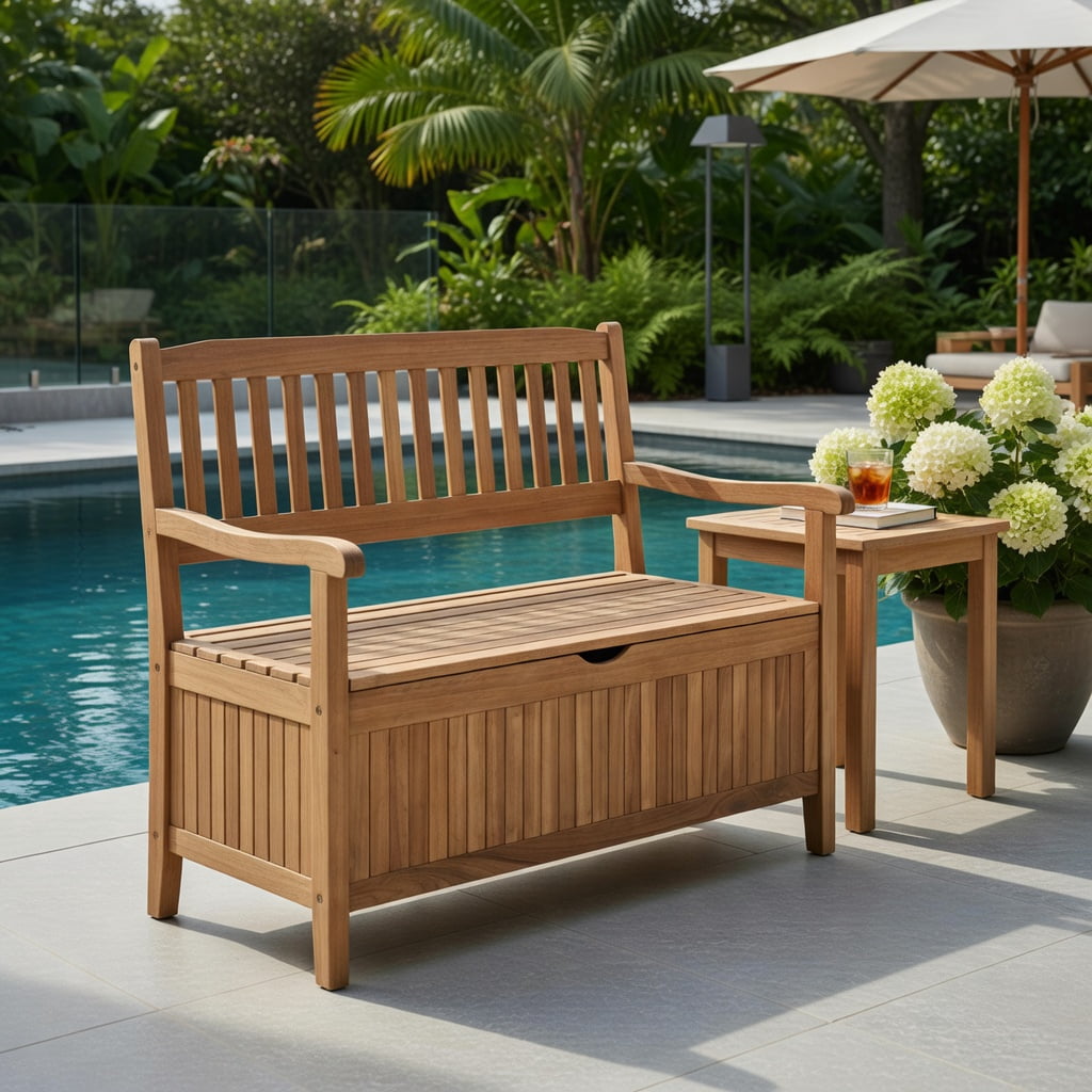 Hommoo 33-Gallon Eucalyptus Wood Outdoor Storage Bench with Liner, Patio, Garden & Porch Seating, Natural