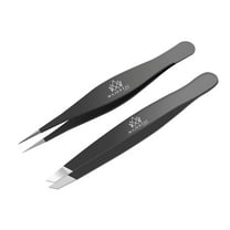 Majestic Bombay Pointy Slanted Tweezers for Women Sharp Tweezers for Hair Removal, Black, 2 Pack