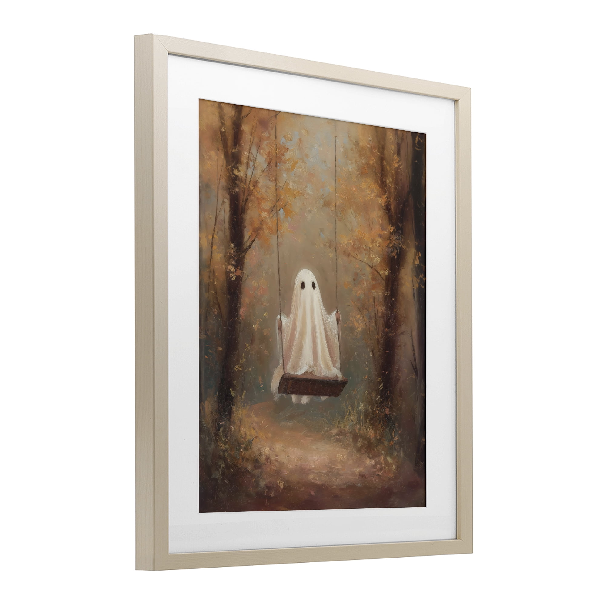 Eerie Swinging Ghost Birch Framed Print Under Glass, design by Arlington Prints