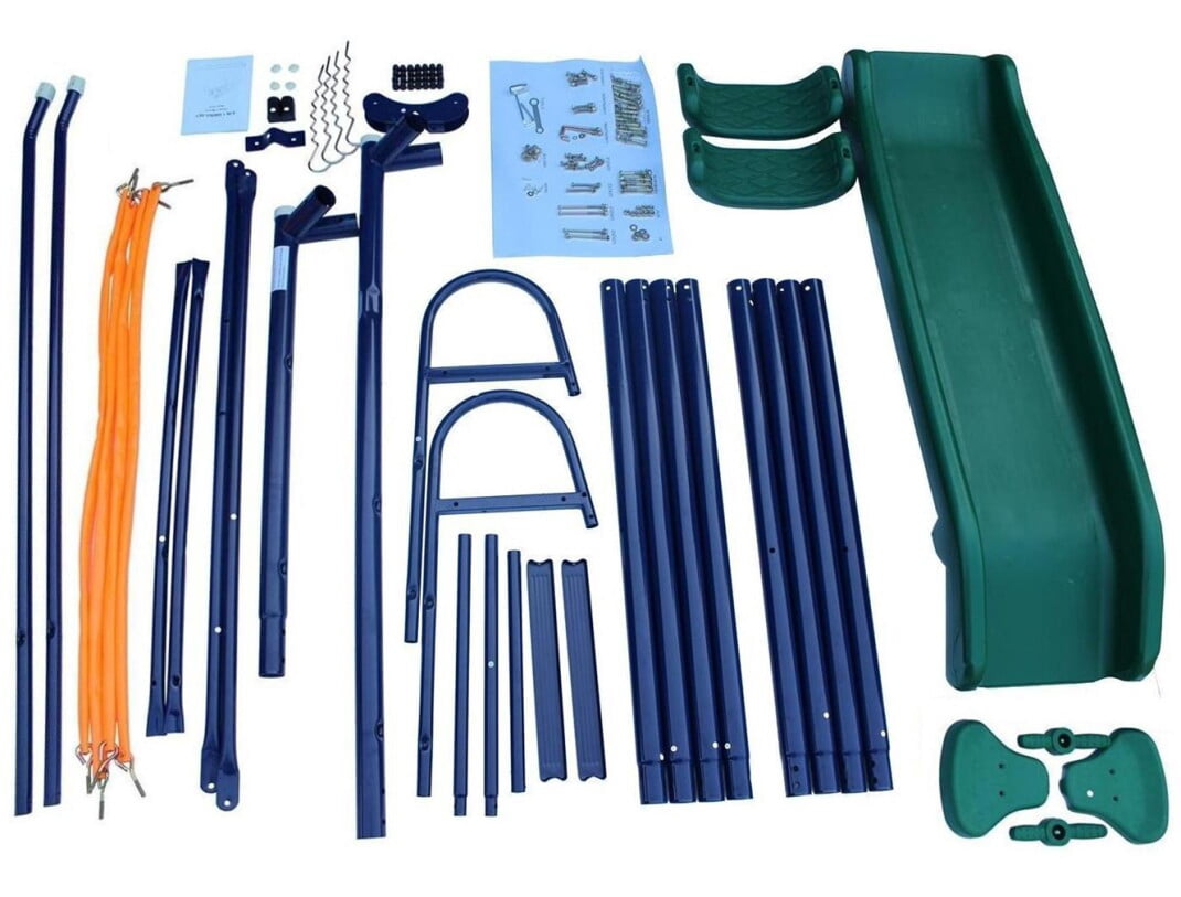 AMPOOCA 4-in-1 Blue A-Frame Swing Set with 2 Swings, Glider, Slide, Steel Frame Blue, 72.69 lb