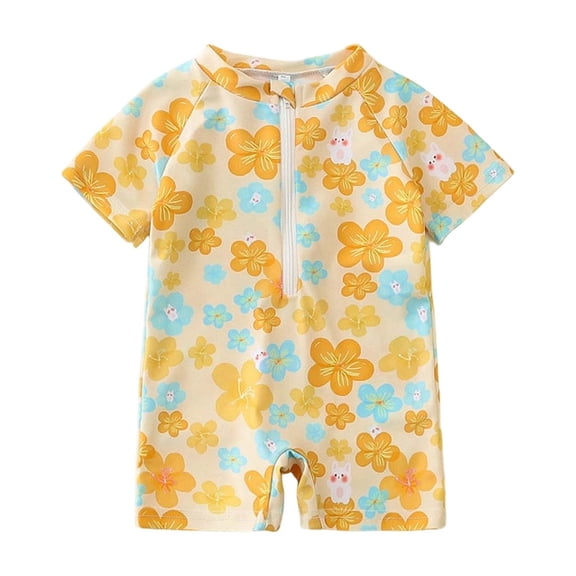 CAIVO Baby Girls One-Piece Swimsuit Toddler Rash Guard Flower Print Short Sleeve Zipper Crewneck Summer Swimwear Beach Bathing Suit For Kids