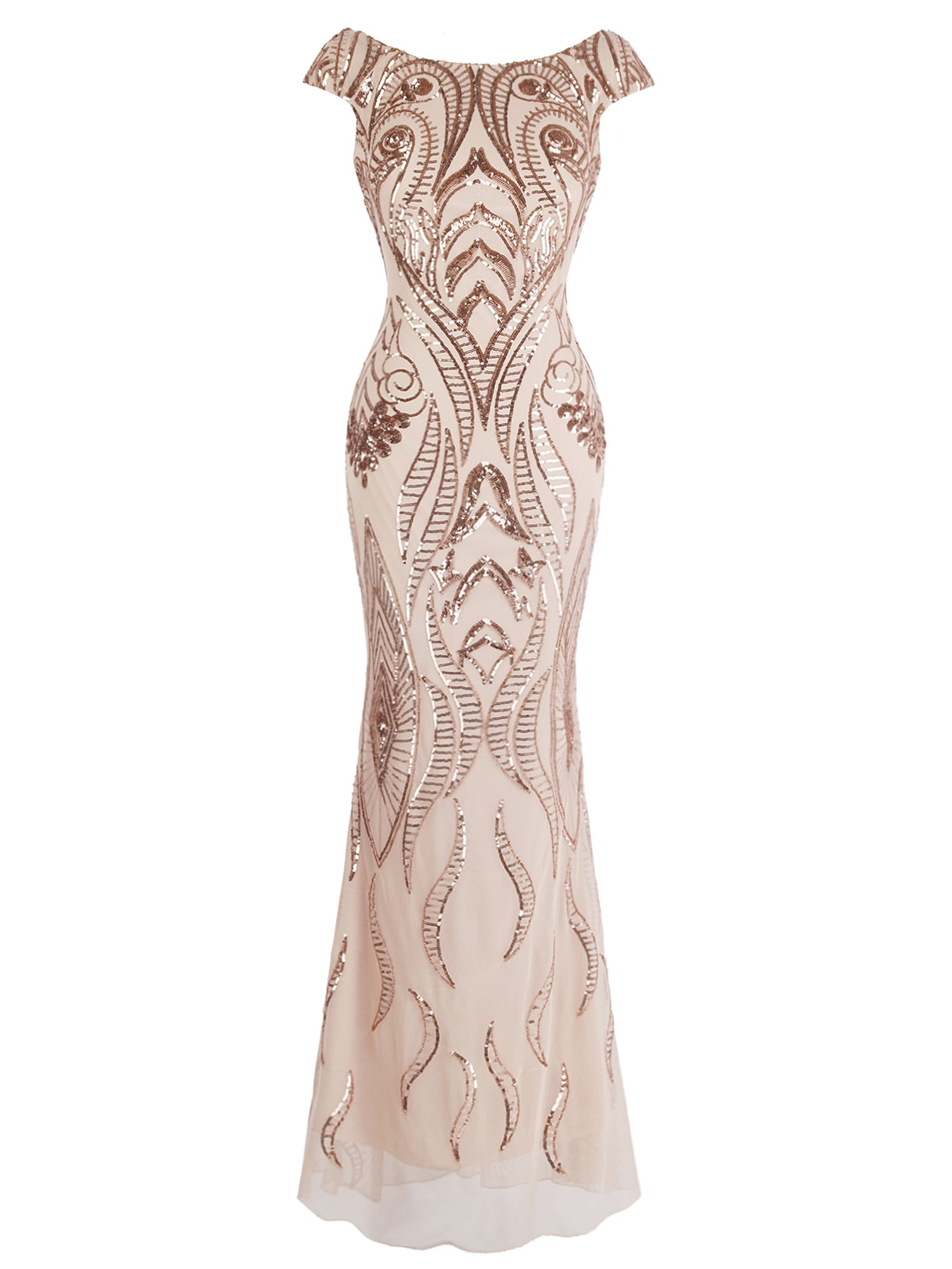 Angel-fashions Bateau Cap Sleeve Floral Sequin Sheath V Back Evening Dress 378