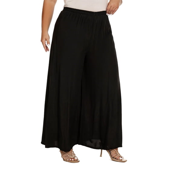 Beautybatik Black Solid Rayon Women Flowy Loose Palazzo Wide Leg Flare Pants Trouser Plus Size 3X