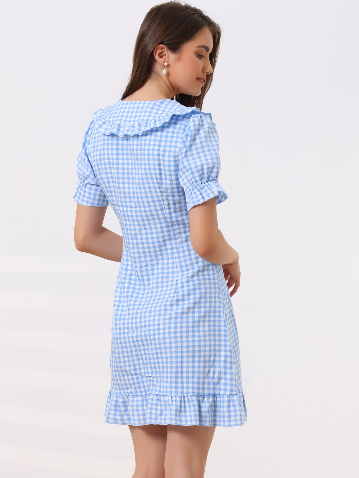 DARING DIVA Gingham Print Ruffled Doll Collar Puff Sleeve Mini Dress S Light Blue