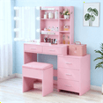 thumbnail image 2 of Zimtown Vanity Desk Set with Adjustable Lighted Mirror, Modern Makeup Table with 5 Drawers and Stool, Dressing Desk for Bedroom, Pink, 2 of 11