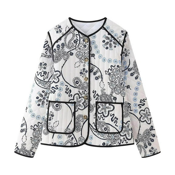 Lovskoo 2024 Women's Quilted Jacket Winter Trendy Printed Loose Ethnic Style Thin Cotton Jacket White