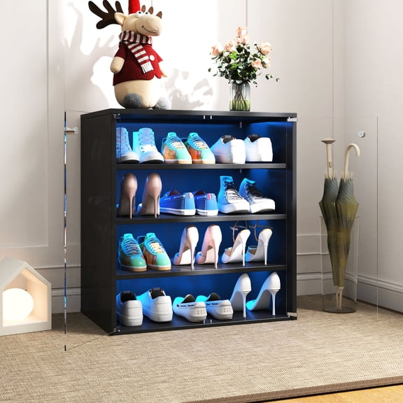 4-Tier Shoe Organizer Bin | RGB Light for Eye-Catching Shoe Display | Tempered Glass Door and Particle Board | Reduces Shoe Disorganization