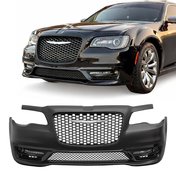Ikon Motorsports Front Bumper Cover, Compatible with 2015-2023 Chrysler 300, 300S Style Unpainted Black PP Replacement Bumper Conversion with DRL, Fog Lights and Matte Black Upper Lower Grille