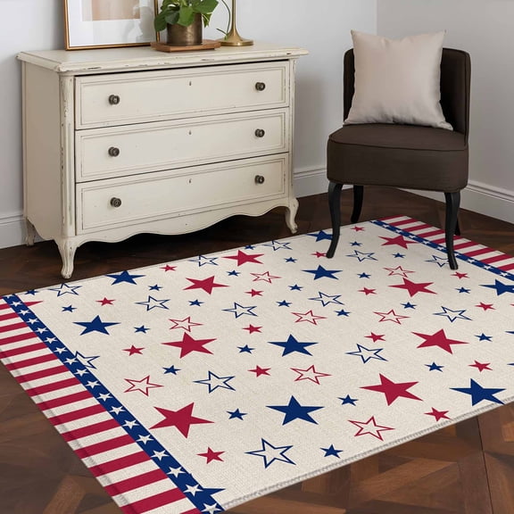 3'x5' Area Rugs, 4th of July Indoor Outdoor Area Rug for Living Room Bedroom, Blue Red Striped Stars Independence Day Washable Bathroom Rugs Kitchen Floor Carpet Mats Home Decor Aesthetic