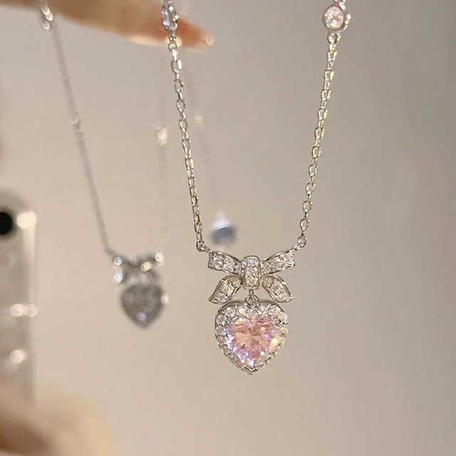 Dulce Rosa Circonio Colgante Collar Arco Ala Mariposa Corazón Clave Cadena De Plata Gargantilla Para Las Mujeres Accesorios De Joyería