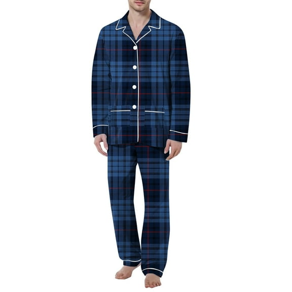 Pajamas for Men Set Leisure Comfortable Long Sleeve Collared Button Top And Loose Pants Sleep Pajama Solid Color Lightweight Sleepwear Loungewear with Pockets