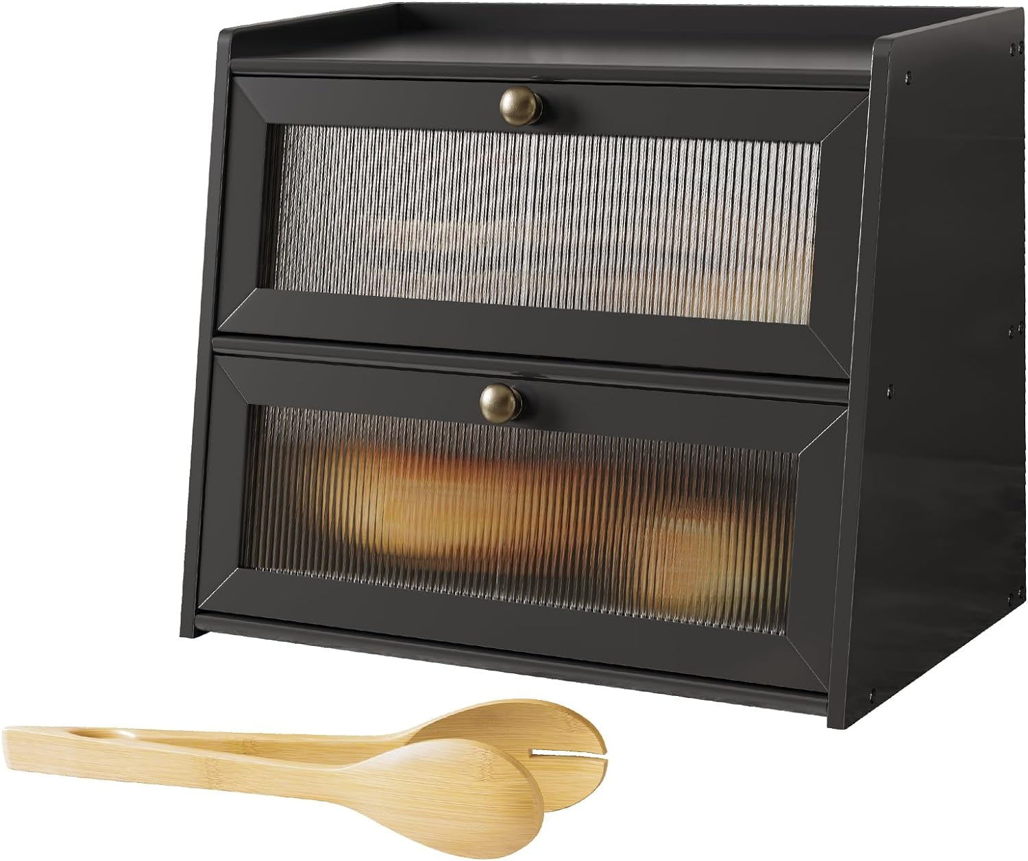 BALANBO Double Layer Large Bamboo Bread Box for Kitchen Counter, Wooden Large Capacity Bread Storage Bin with Window Bread Holder (Black)