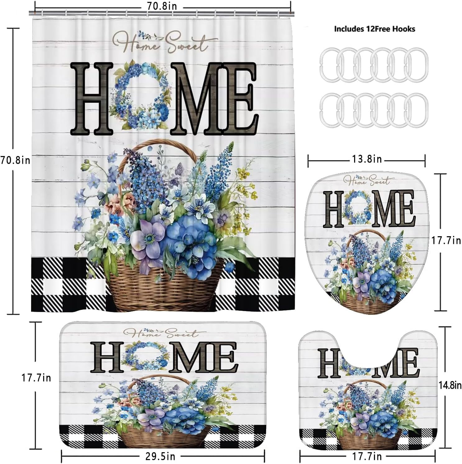 Blue Flower Shower Curtain Set Home Sweet Home Bathroom Sets Rustic Shower Curtain Set with Rugs,Bathroom Shower Curtain Set with Carpet Bath Mat Toilet Rugs