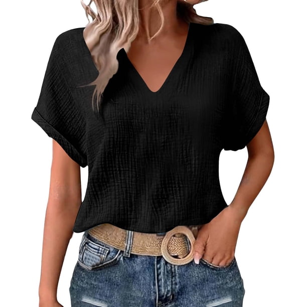 Camisetas Casuales de las Mujeres de Moda Suelta Manga Corta V-Cuello Superior con Doble Capa Arrugado Detalle, Suave Poliéster Color Sólido Blusa para el Uso Diario, Camisetas de Cuello en V de las
