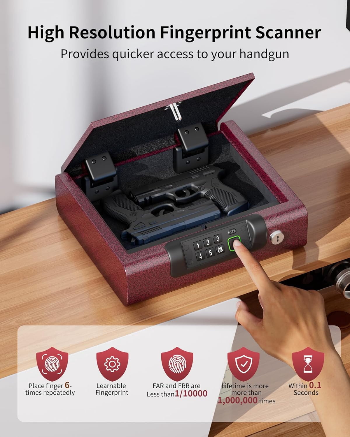 Gun Safe,Biometric Gun Safe for Pistols 3-Ways unlock Fingerprint Digital PIN Key Unlock with Voice,Lock box for Cloakroom living room Bedroom Nightstand and Car Burgundy Red