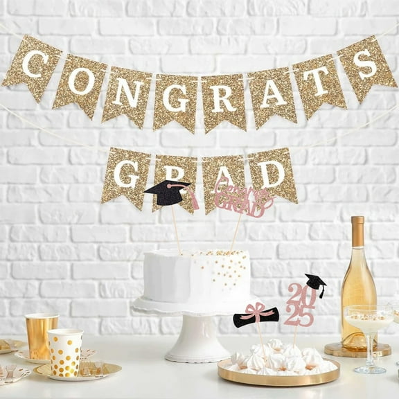 Elainilye 24Pcs Graduation Cupcake Toppers, 4 Styles Black & Gold Graduation Cake Toppers, Glitter Design Class of 2025 Grad Cupcake Picks, Disposable 2025 Graduation Party Decorations