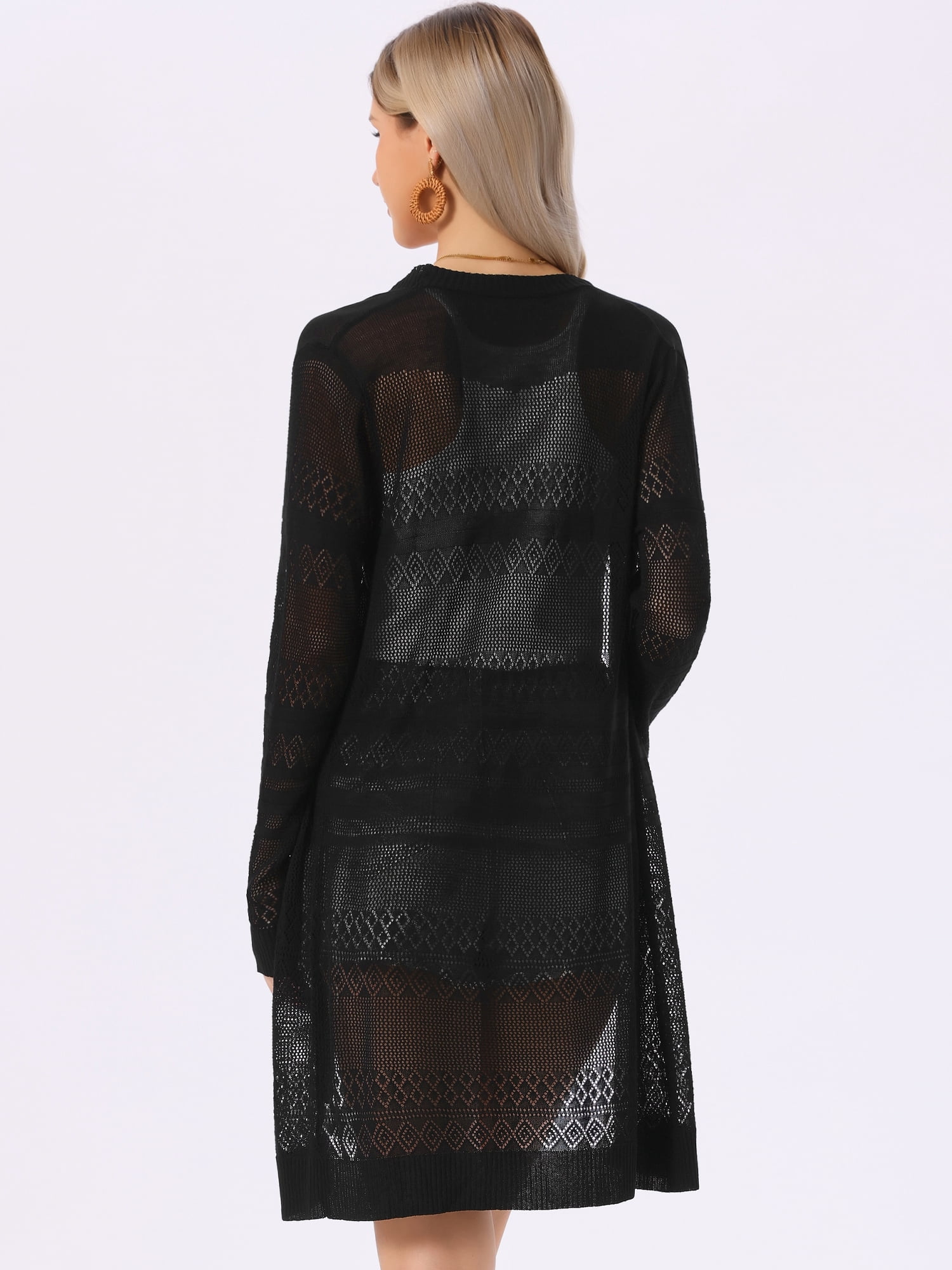DARING DIVA Women's Lightweight Open Front Summer Coverup Crochet Cardigan L Black