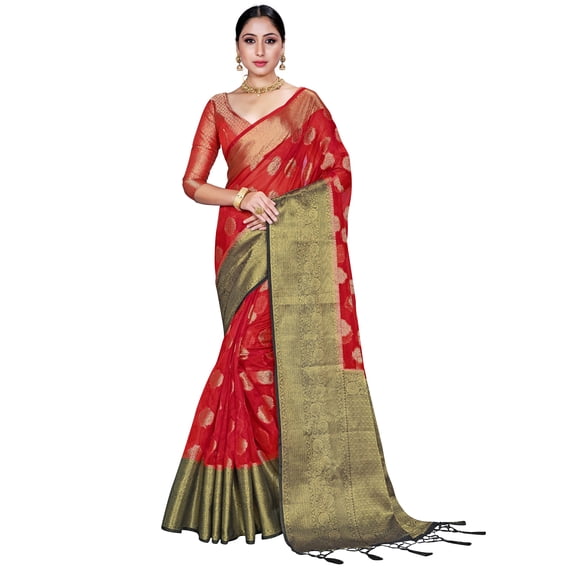 Sarees For Women Indian Bollywood Organza Silk Sari Woven Saree & Unstitched Blouse