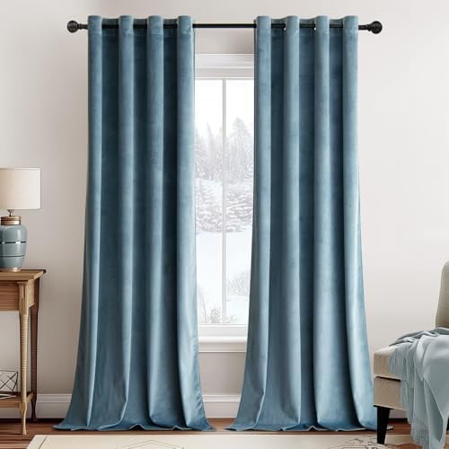 Velvet Curtains Olive Green Elegant Grommet Curtain Thermal Insulated Soundproof Room Darkening Curtains/Drapes for Classical Living Room Bedroom Decor 52 x 84 Inch Set of 2