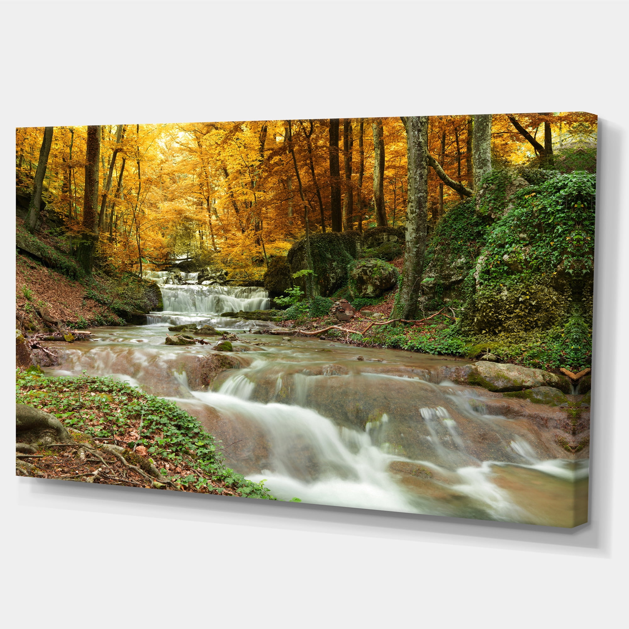 Designart 'Forest Waterfall with Yellow Trees ' Landscape Canvas Art Print
