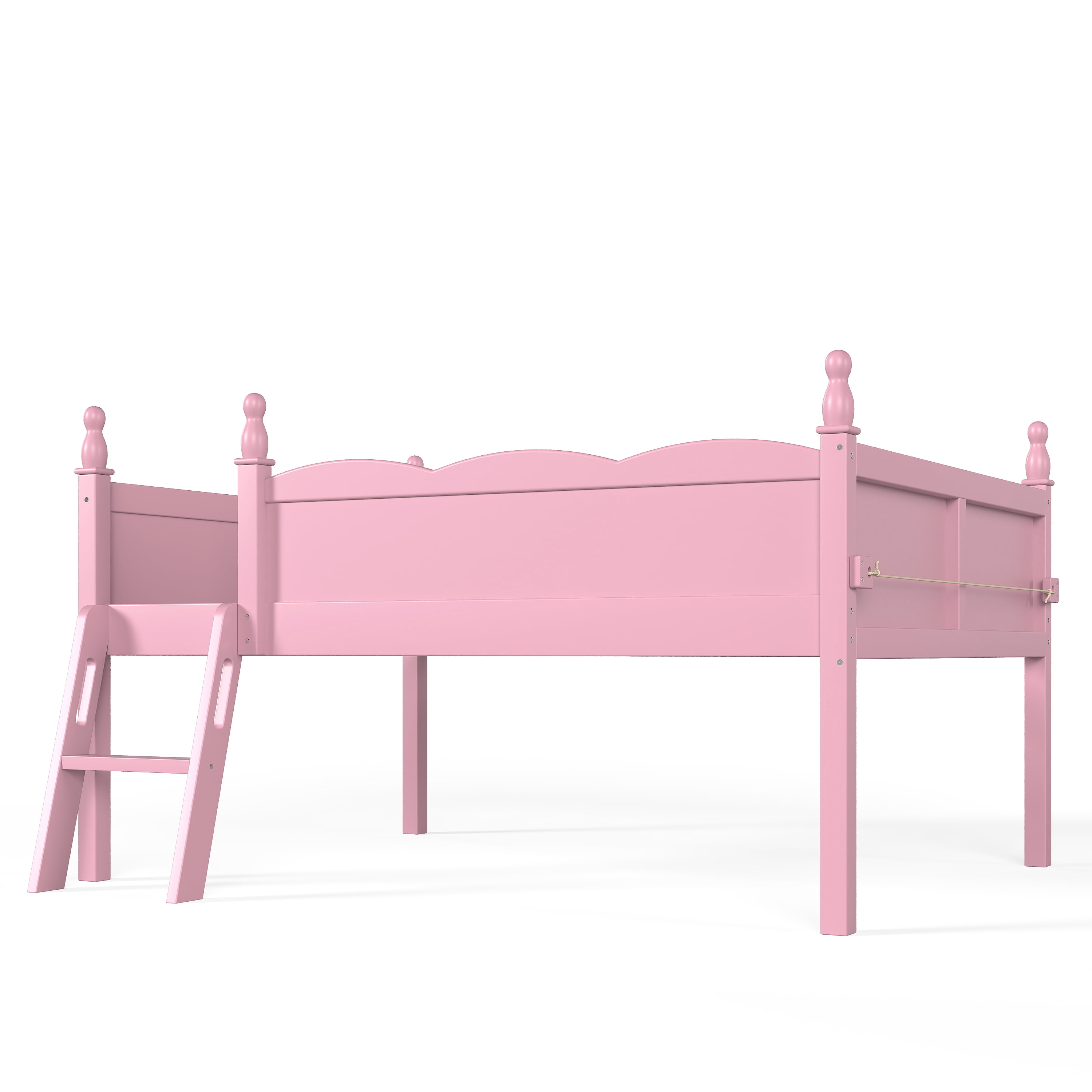 Safe Full Size Low Loft Bed with Full-Length Guardrails and Bookshelf, Solid Wood Bed with Ladder for Kids and Teens, Pink