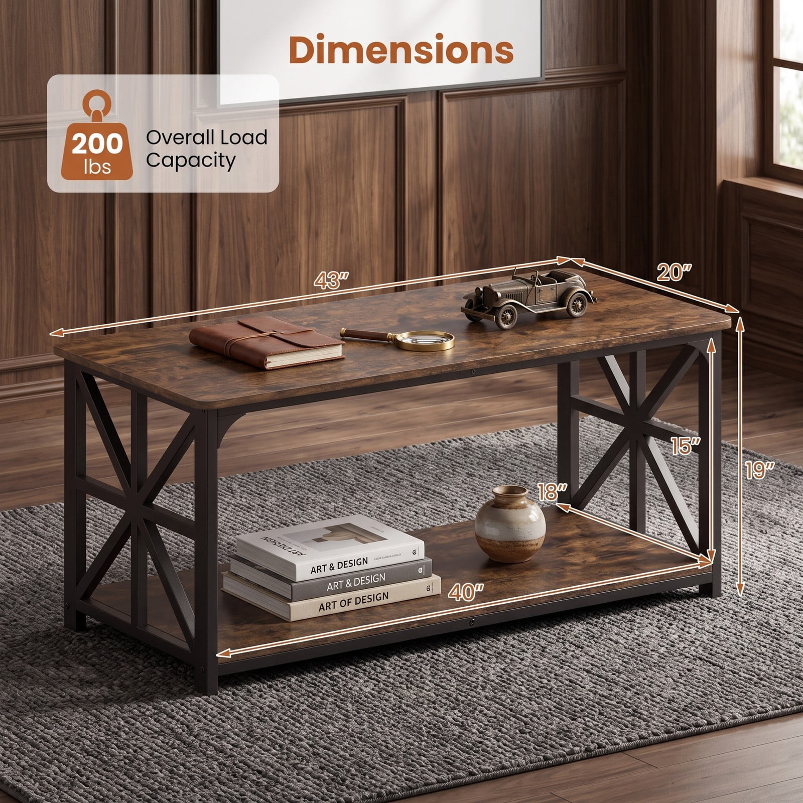 Furnibear 2-Tier Coffee Table with Storage Shelf, Rustic Farmhouse Center Cocktail Table, Wood Look Top with Carbon Steel Frame and X-Shaped, Rustic Brown & Black