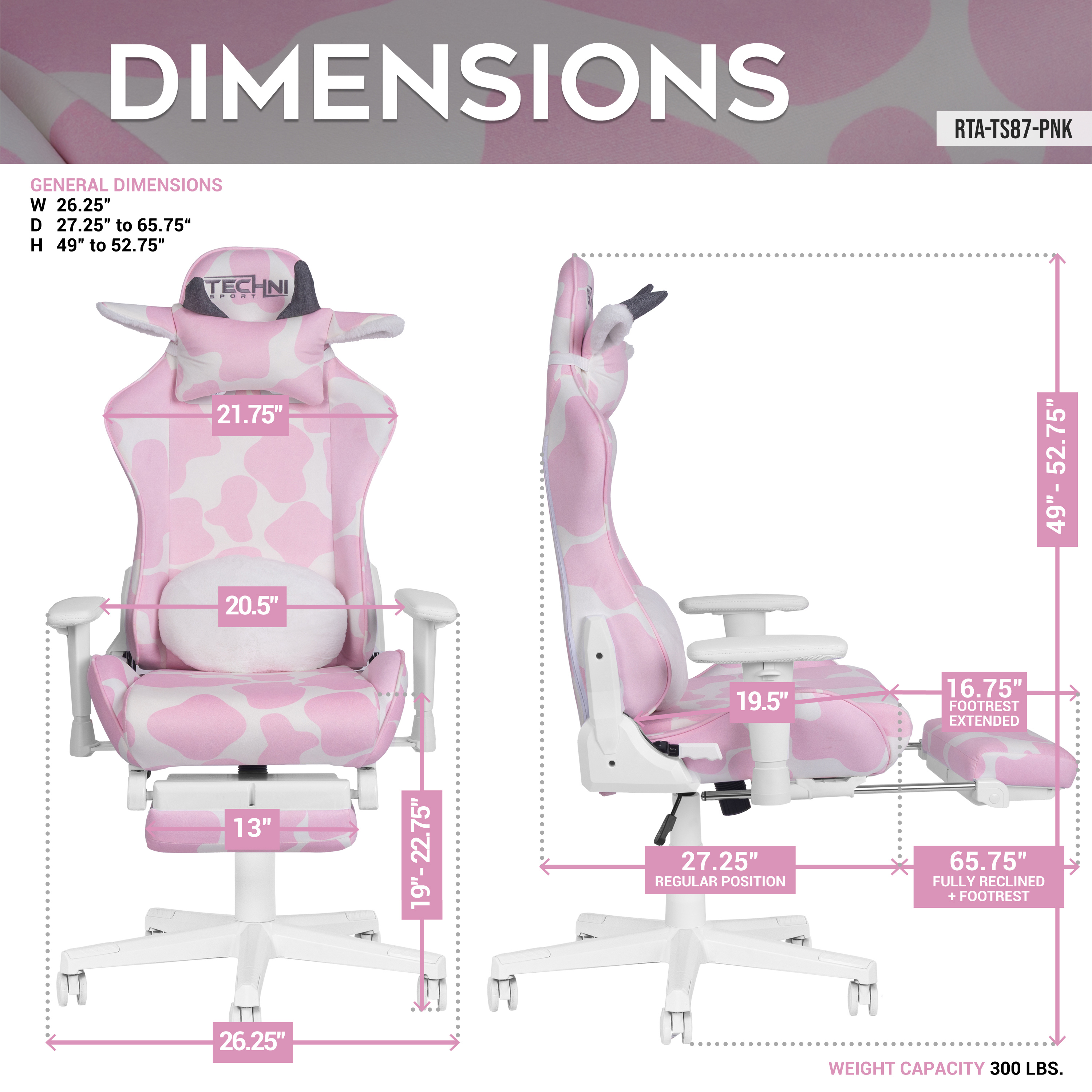 Techni Sport Pink Cow Print Gaming Chair w/ Footrest, Lumbar Support, Recline & 300 lb Capacity