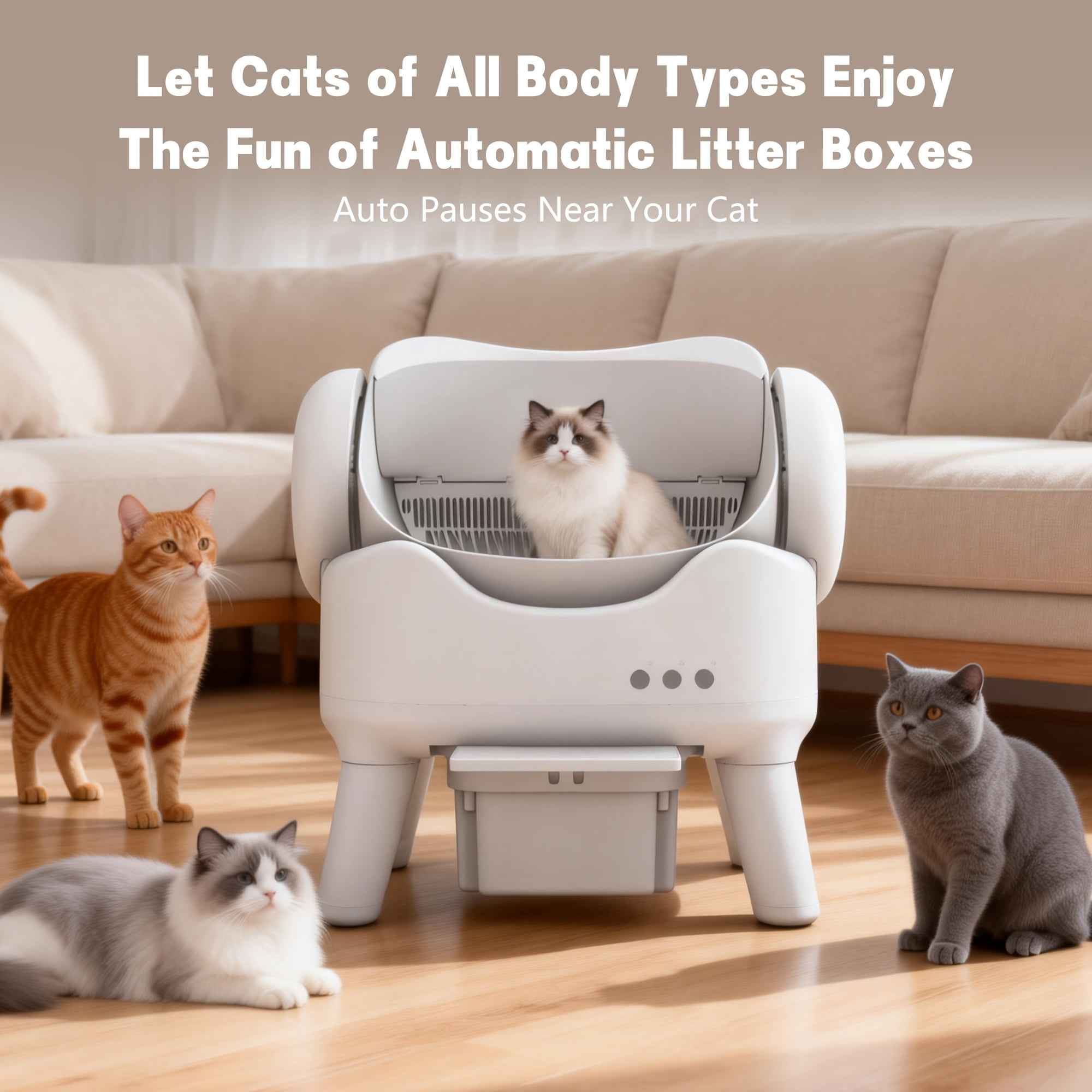 Self cleaning  Litter Box, Low Noise Automatic  Toilet, Spacious Open Design for All Cats, High Sides Anti-Splash, Odor CONTROL, 3.96gal Large Waste Drawer, Easy Clean, Battery-Free