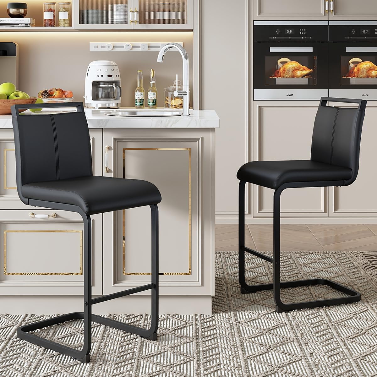 Lecut Counter Height Bar Stools Set of 2, 25" Modern Leather Upholstered Bar Stools with Back and Metal Frame, Kitchen Island Bar Stools for Dining Room, Pub, Bar