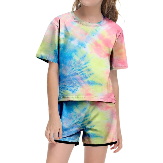 Conjunto de verano para niña REDARER con efecto tie-dye: top de manga corta y short con bolsillo, ropa informal ligera, talla 4-5 años