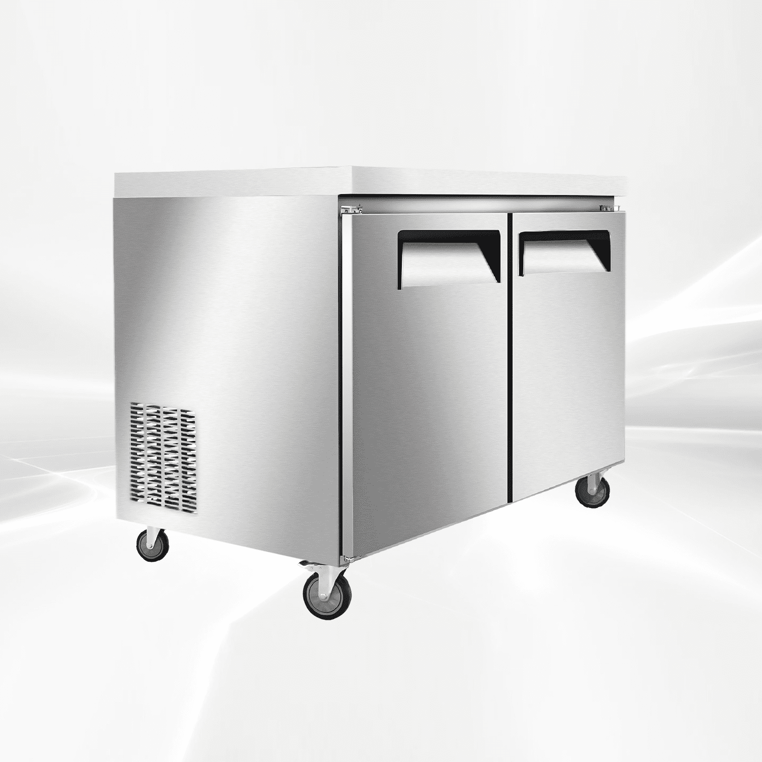 47 inch 9.55 cu.ft, 35 1/2" heigh Commercial Undercounter  refrigerator, 2 Solid Doors, stainless steel exterior, NSF certified.