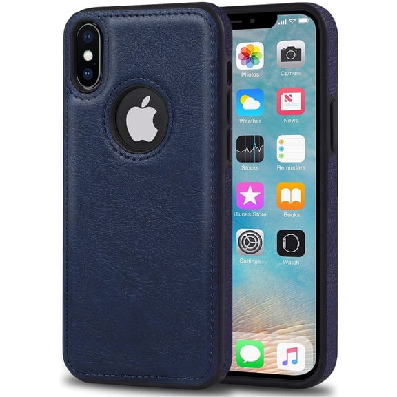 AIOVETEAB Compatible with iPhone X & iPhone XS Case Premium Leather TPU Hybrid Case Cover,Navy Blue