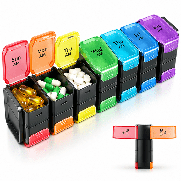 Extra Large Weekly Pill Organizer 2 Times a Day - XL Pill Case Am Pm - Big Pill Box 7 Day Oversized Daily Vitamin Organizer Jumbo Pill Container Twice a Day Medicine Supplement Dispenser Rainbow