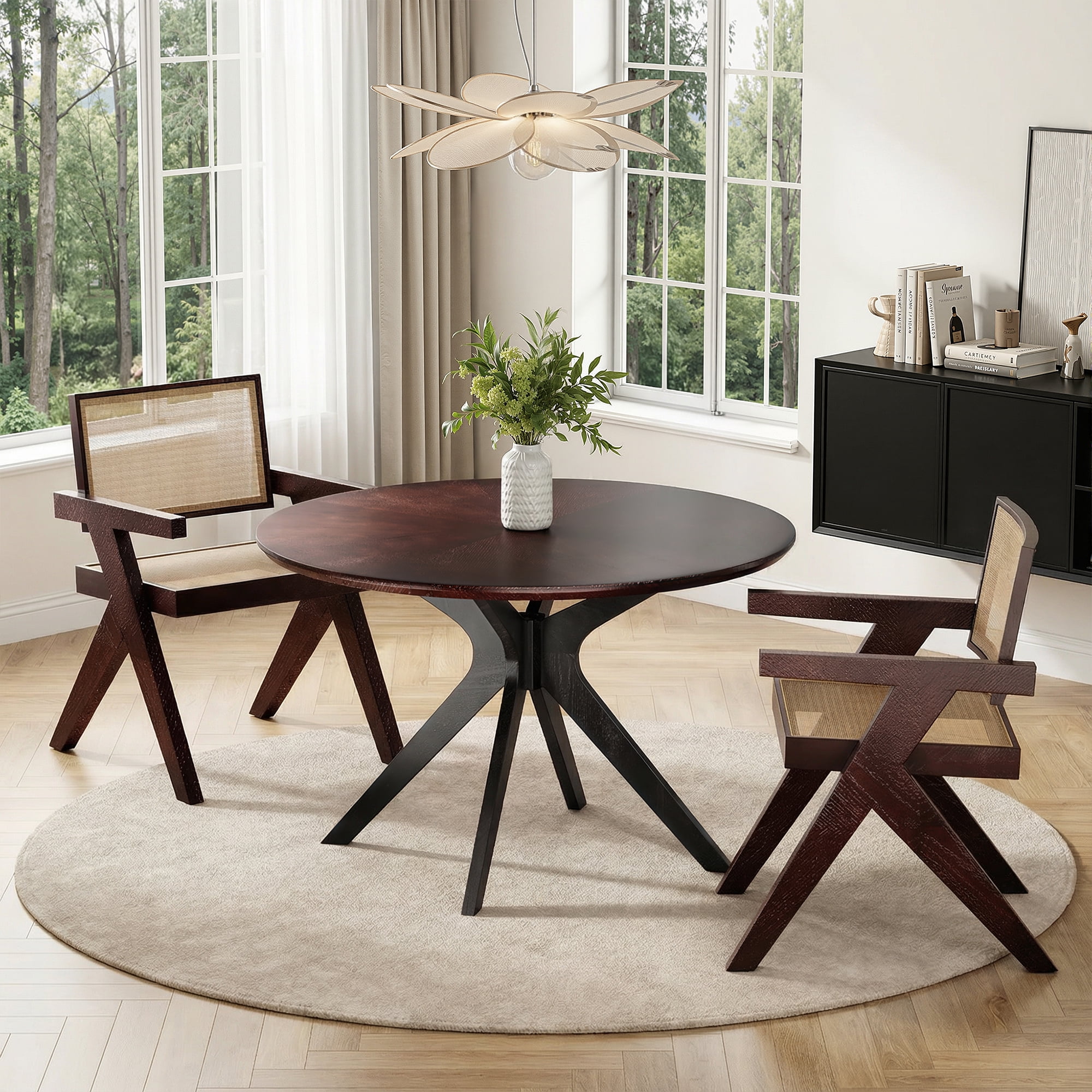 MAYEERTY 47" Solid Wood Round Dining Table, Intersecting Pedestal Base, Seats 4-6, Kitchen/Dining Room,Black Walnut