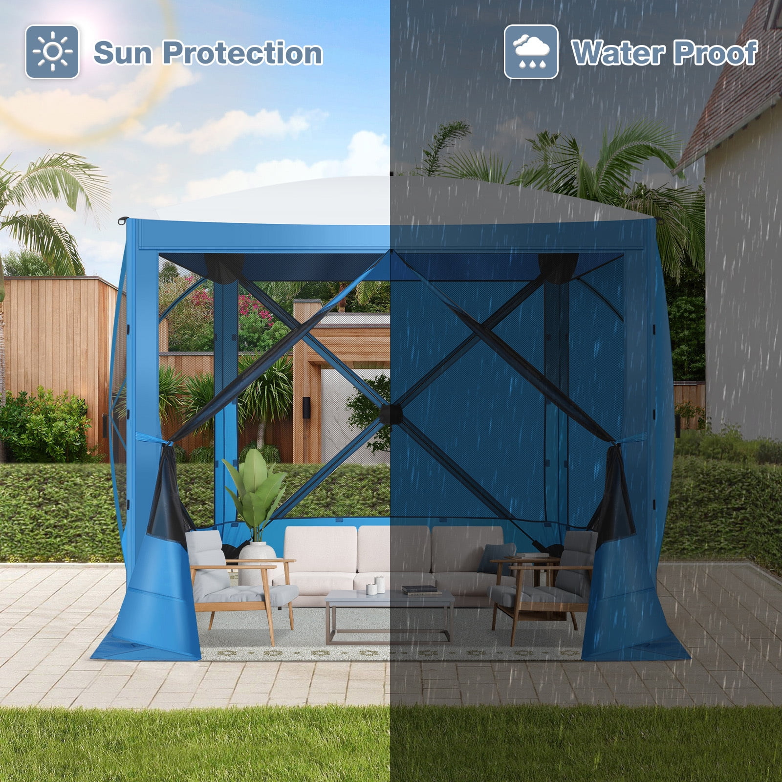 HOTEEL 10x10ft Camping Gazebo Screen Tent, 5 Sided Pop-up Canopy Shelter with Mesh Windows, Portable Carry Bag, Stakes, Waterproof, UV 50+, Large Shade Tents for Outdoor Camping, Backyard, Blue