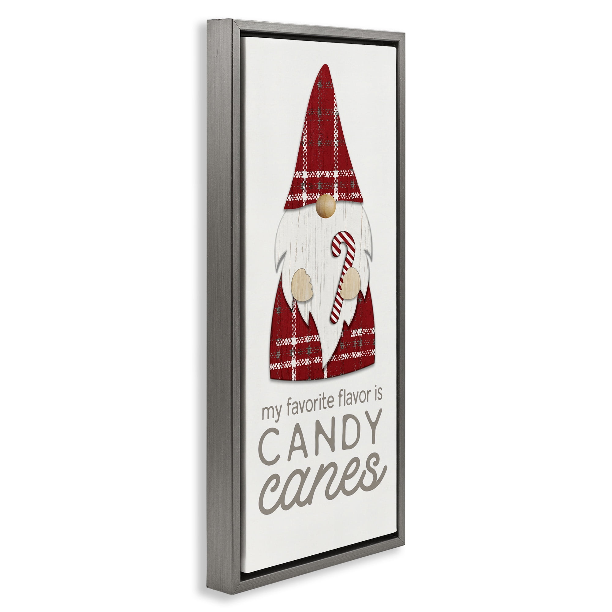 Stupell Industries Christmas Gnome with Candy Cane Holiday Painting Gray Floater Framed Canvas Art Print Wall Art, 11 x 25