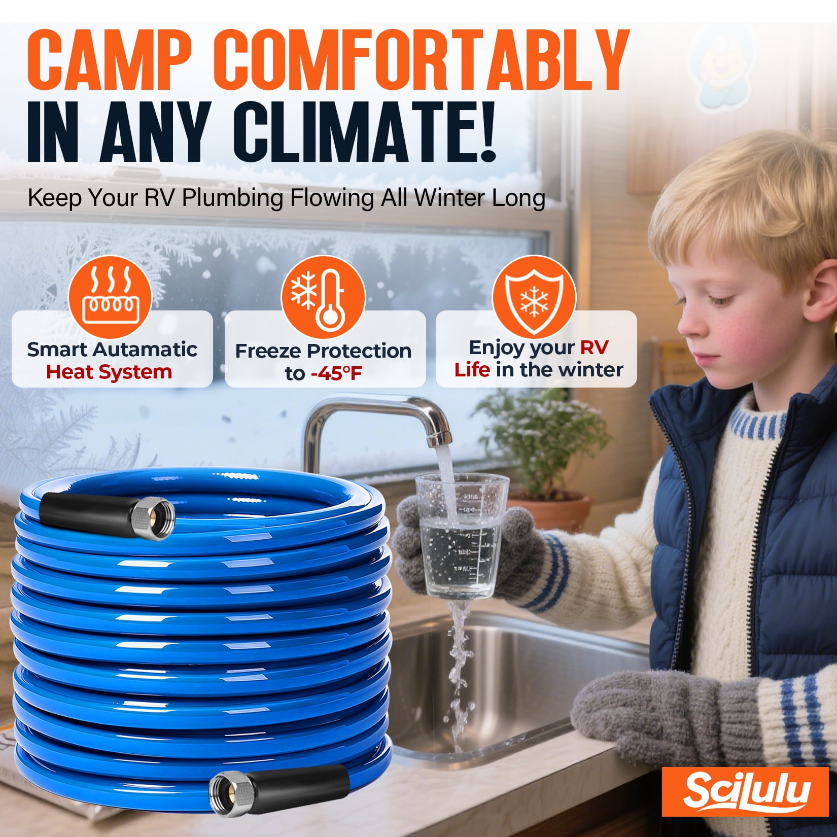 Scilulu RV 75 FT Heated Water Hose Outdoor Drinking Water Hose Freeze Protection Down to -45 F for RV Trailer