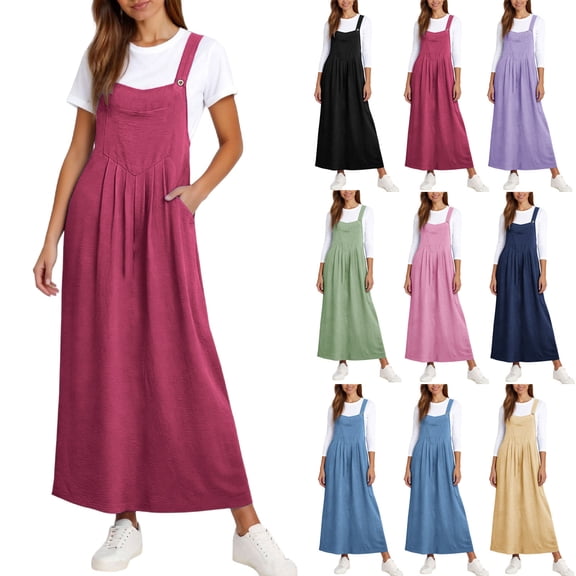 Smsaxvxz Women's Summer Maxi Dress Fashion Sleeveless Casual Solid Loose Beach Vacation Overall Sundress Hot Pink M