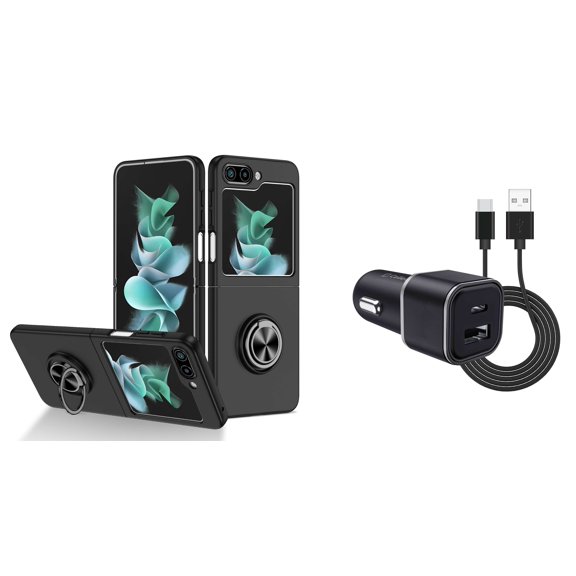 BEMZ Lightweight Slim Shockproof Magnetic Mount Holder Case (Black) with 30W Dual (USB-C, USB-A) Car Charger, Type-C to USB Cable for Samsung Galaxy Z Flip 5