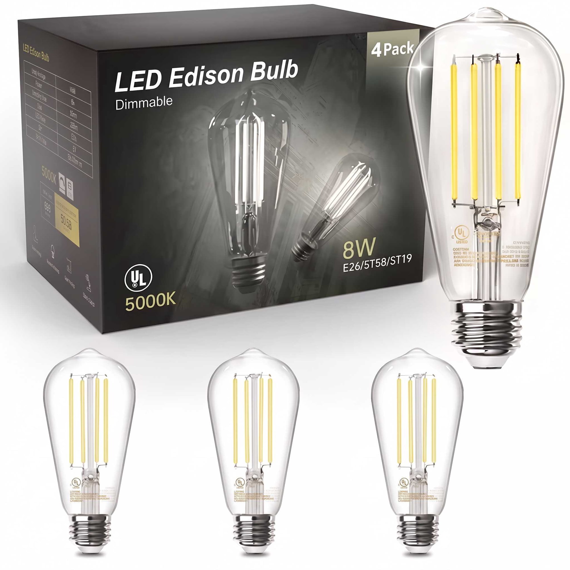 DAYBETTER Dimmable ST58 Vintage Edison LED Bulbs 4 Pack E26 Base 60W Eq 800LM 5000K Clear Glass Light Bulbs