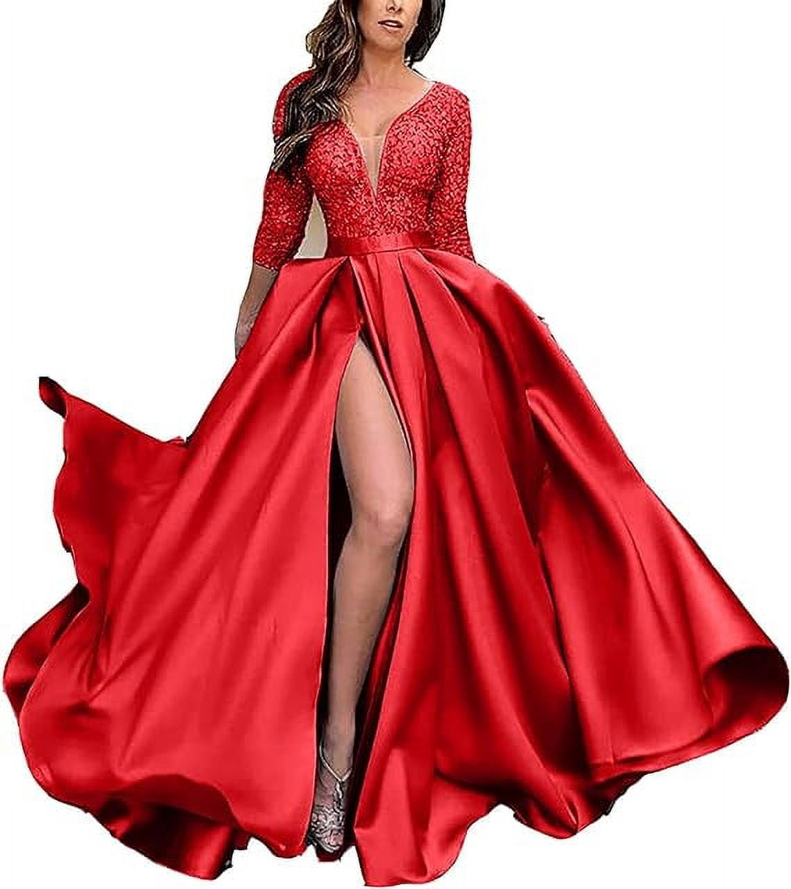 Robe Longue en Dentelle pour Femmes, Robe de Soirée Formelle, Robe de Mariage, Col en V avec Fente, Robe de Soirée pour Femmes avec Manches