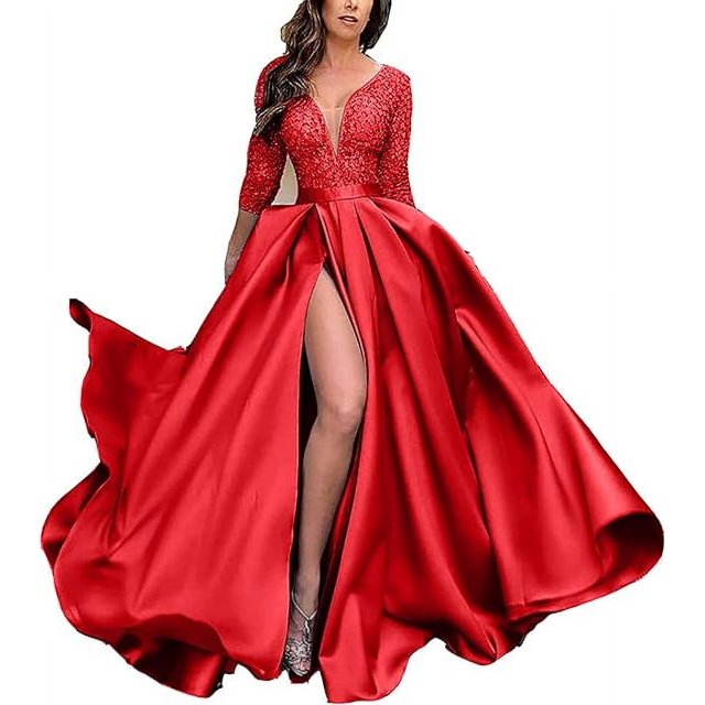 Robe de Soirée Formelle Longue en Dentelle pour Femmes Robes de Mariage Col en V avec Fente Robe de Soirée pour Femmes avec Manches