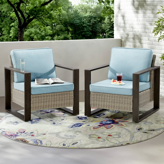 Meetleisure 2-Piece Outdoor Rattan Dining Chairs with Removable Cushions, Sky Blue